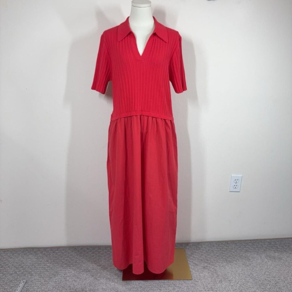 41 Hawthorn Dress Womens XL Red Collared Mixed Media Midi Pockets Office Capsule